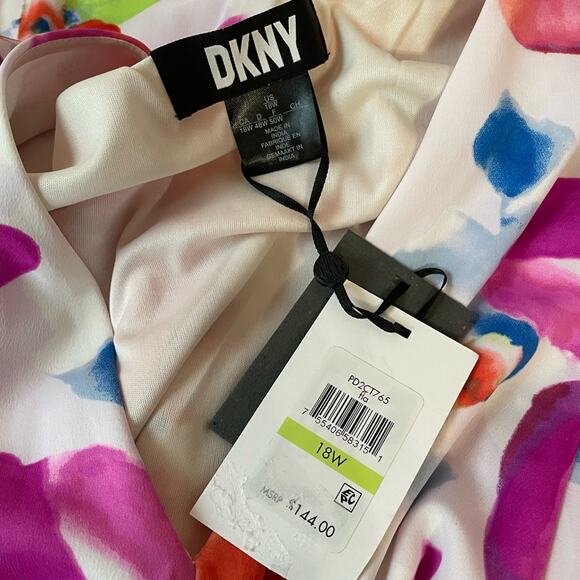 DKNY Women’s Smocked Pullover Hi Lo Hem Printed Flutter Sleeve Midi Dress Sz 18W - Picture 8 of 9